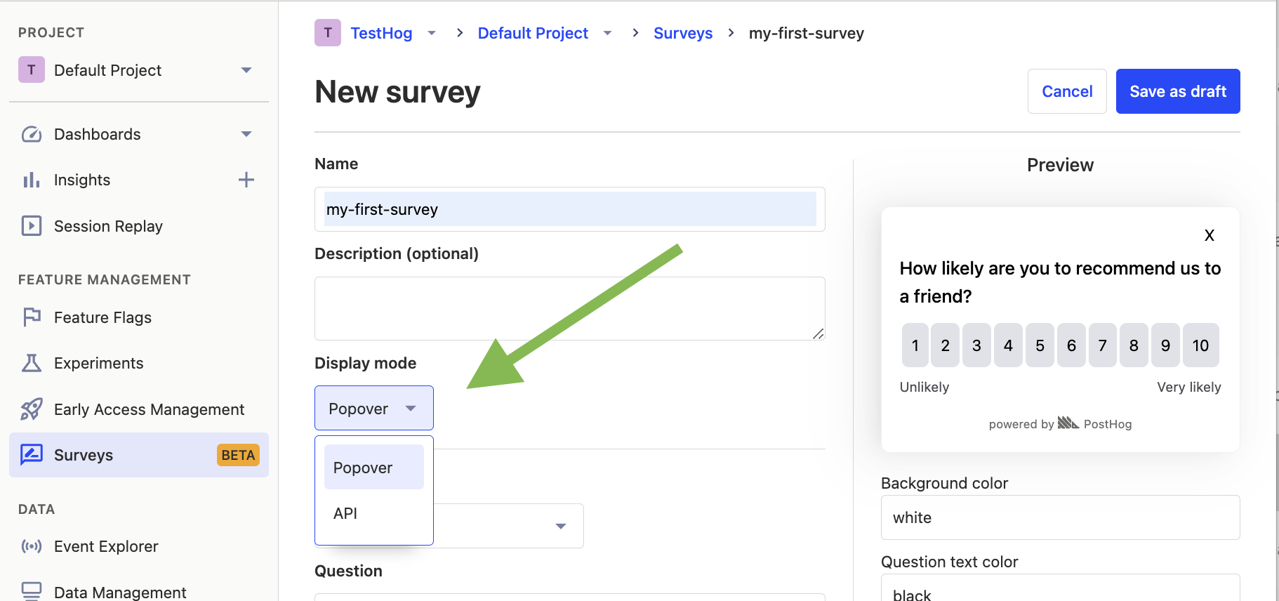 Popover survey set up